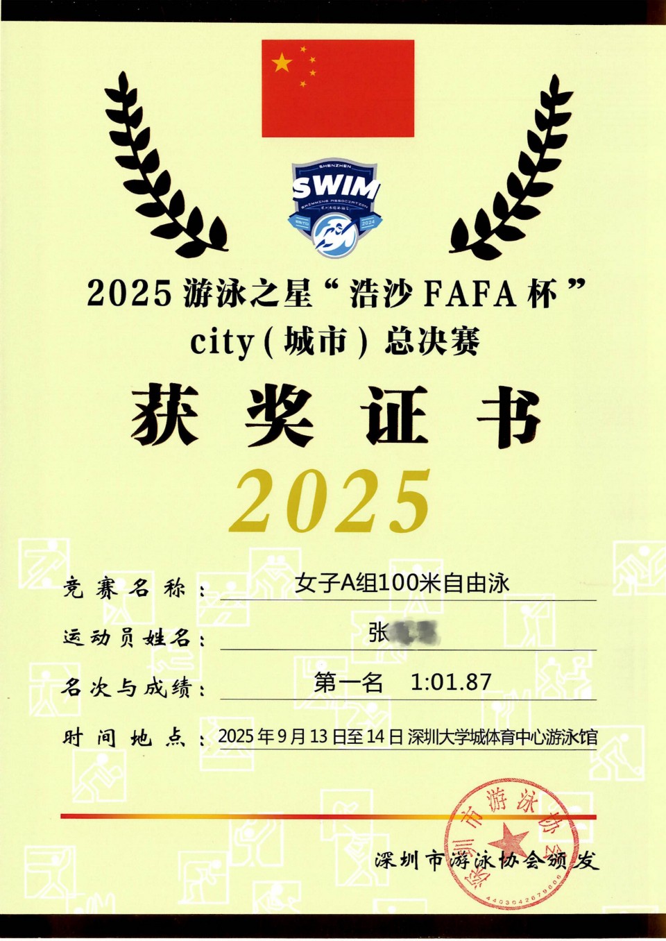5 张 2025游泳之星“浩沙FAFA杯”city（城市）总决赛 女子A组100米自由泳第一名_01.jpg